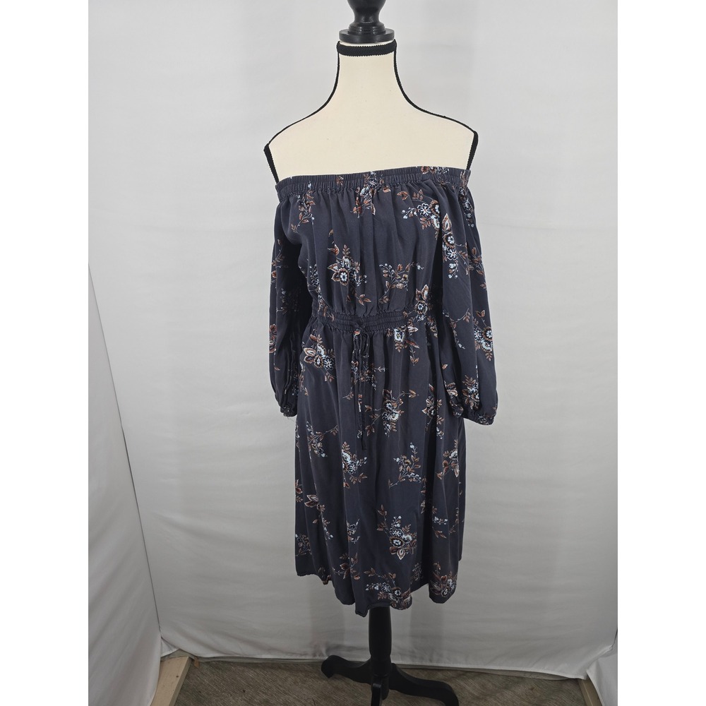 Loft Floral Off The Shoulder Midi Dress Grey Orange Boho Smocked Waist Small